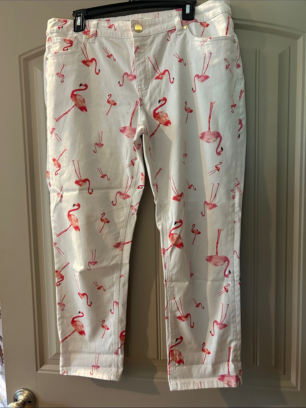 Cynthia Rowley White Jeans with Pink Flamingo Print